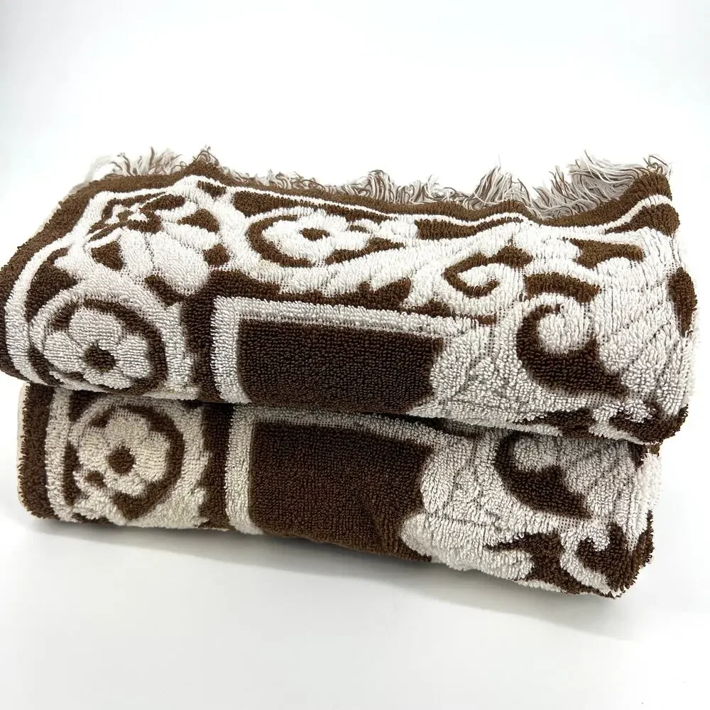 Vintage Sears Set of Two Brown Cream Sculpted Bath Towels 42 x 24